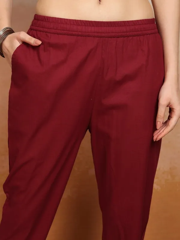 Vishudh Women Maroon Printed Kurta With Trousers And Dupatta