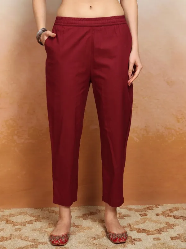 Vishudh Women Maroon Printed Kurta With Trousers And Dupatta