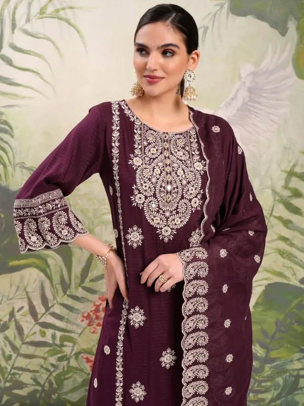 Vishudh Women Maroon Embroidered Kurta With Trousers And Dupatta