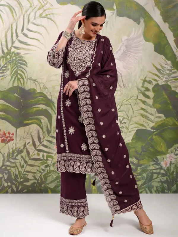 Vishudh Women Maroon Embroidered Kurta With Trousers And Dupatta