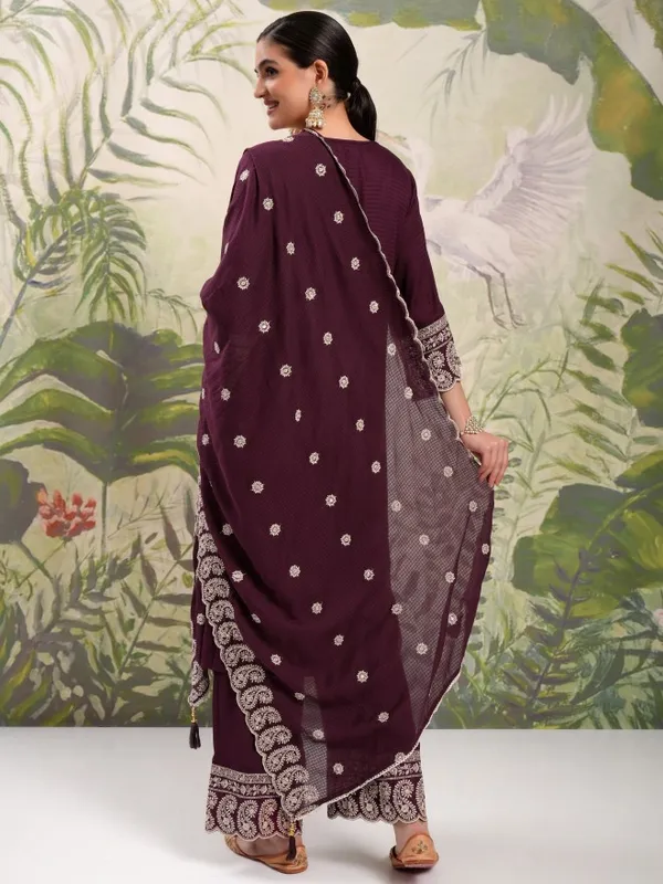 Vishudh Women Maroon Embroidered Kurta With Trousers And Dupatta