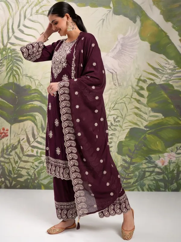 Vishudh Women Maroon Embroidered Kurta With Trousers And Dupatta