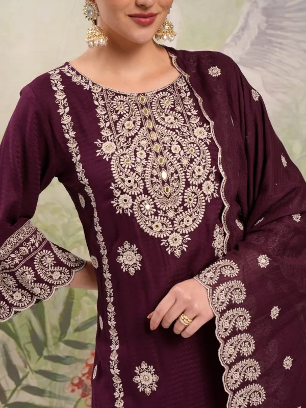 Vishudh Women Maroon Embroidered Kurta With Trousers And Dupatta