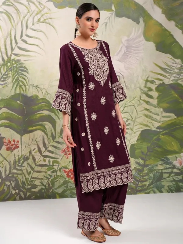 Vishudh Women Maroon Embroidered Kurta With Trousers And Dupatta