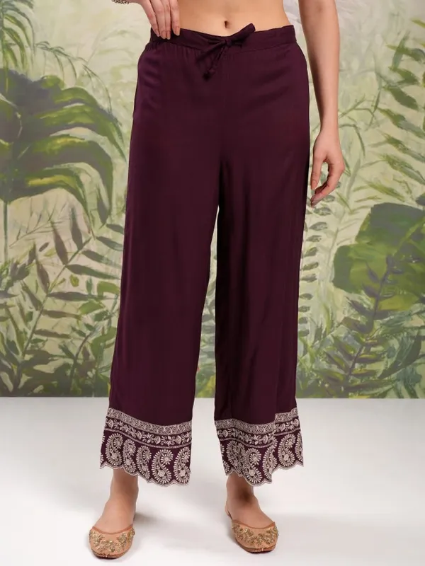 Vishudh Women Maroon Embroidered Kurta With Trousers And Dupatta