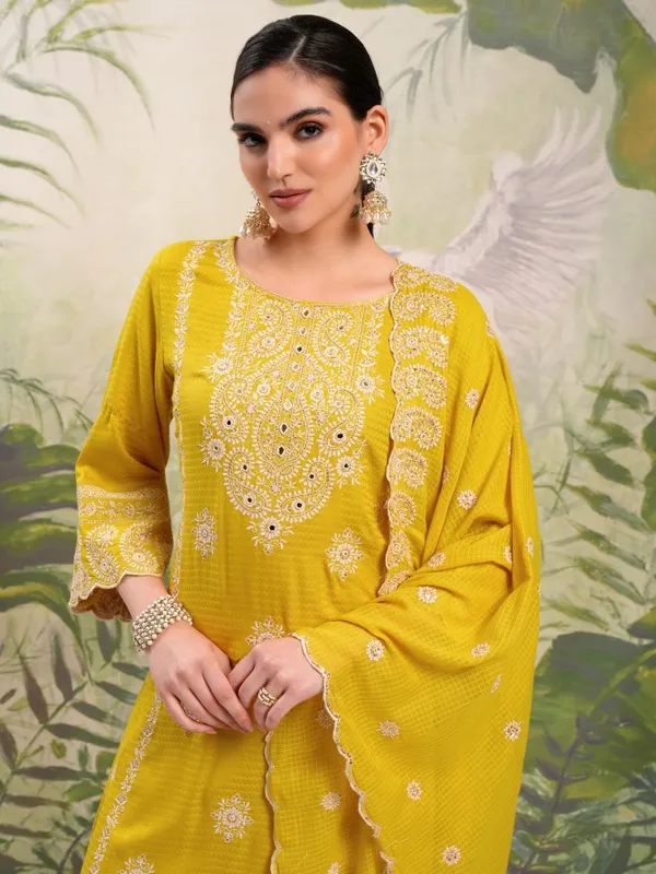 Vishudh Women Mustard Embroidered Kurta With Trousers And Dupatta