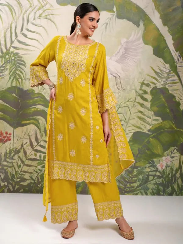 Vishudh Women Mustard Embroidered Kurta With Trousers And Dupatta