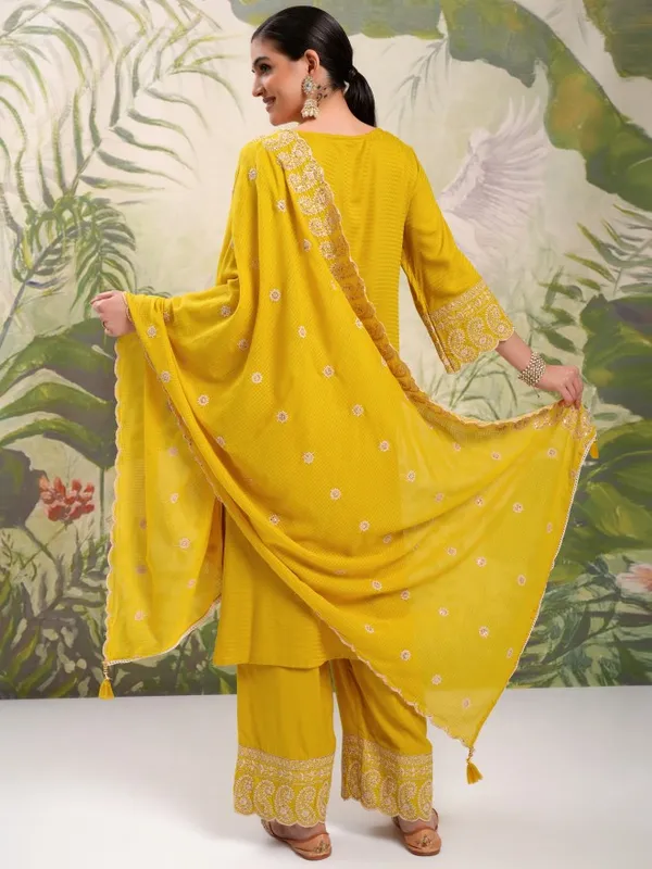 Vishudh Women Mustard Embroidered Kurta With Trousers And Dupatta