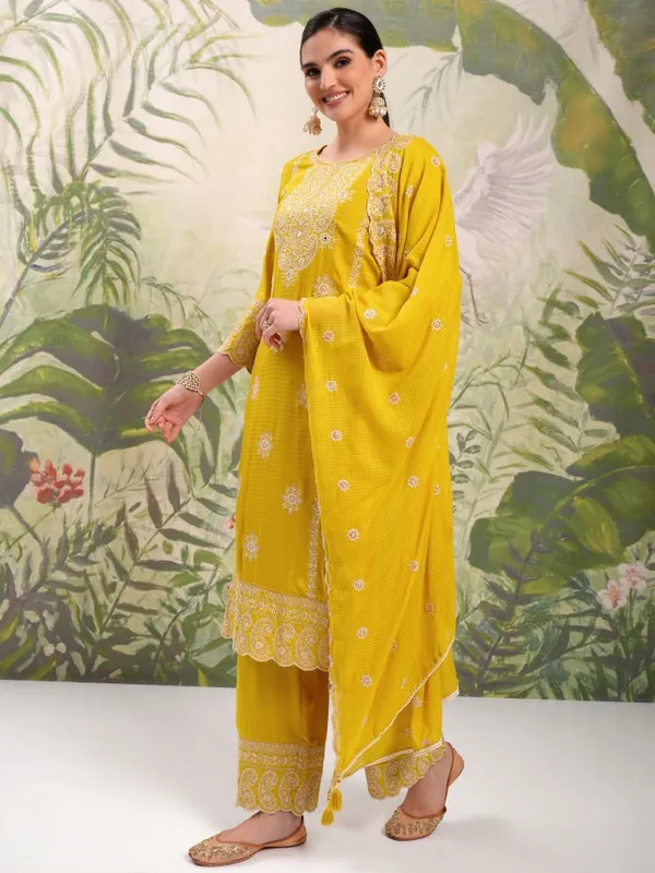 Vishudh Women Mustard Embroidered Kurta With Trousers And Dupatta