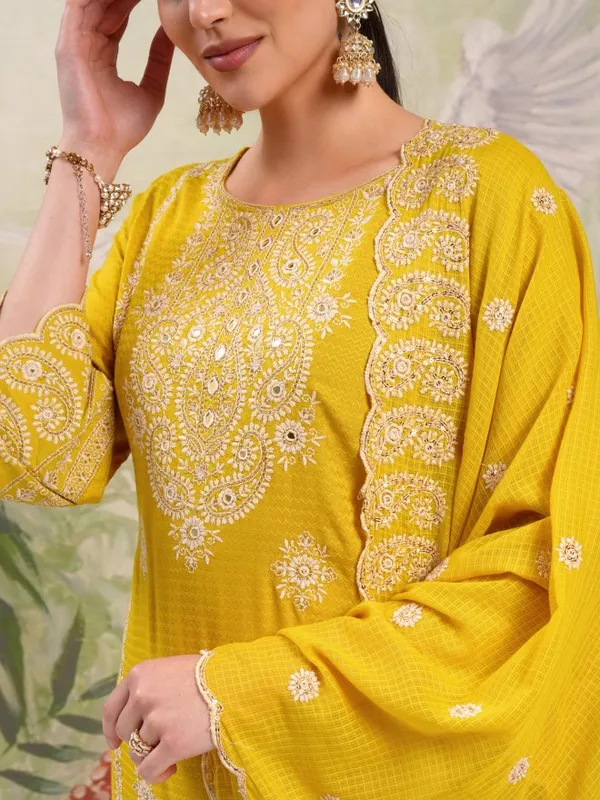 Vishudh Women Mustard Embroidered Kurta With Trousers And Dupatta