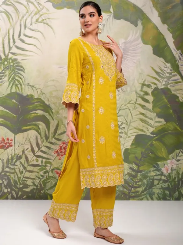 Vishudh Women Mustard Embroidered Kurta With Trousers And Dupatta