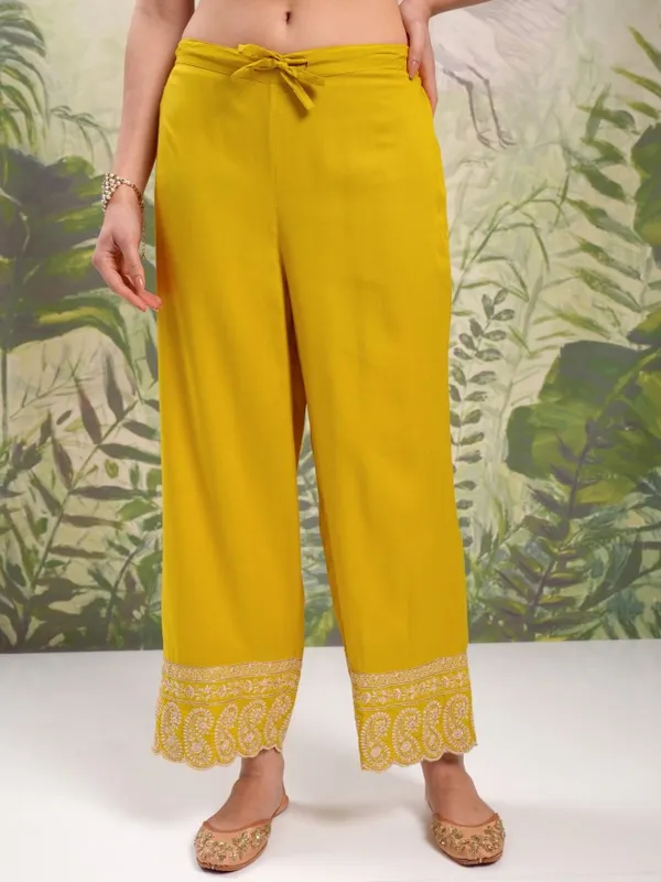Vishudh Women Mustard Embroidered Kurta With Trousers And Dupatta