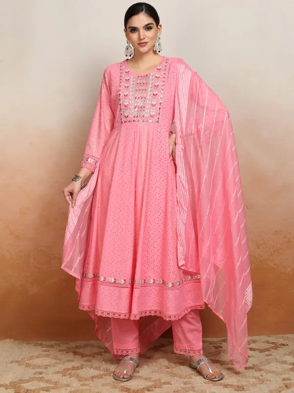 Vishudh Women Pink Embroidered Kurta With Trousers And Dupatta