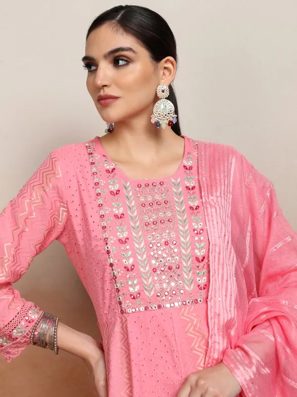 Vishudh Women Pink Embroidered Kurta With Trousers And Dupatta