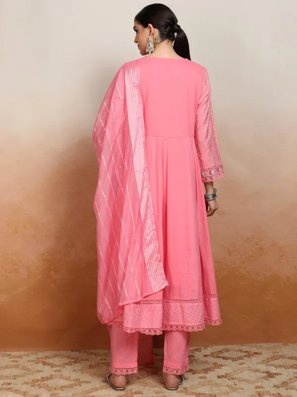 Vishudh Women Pink Embroidered Kurta With Trousers And Dupatta