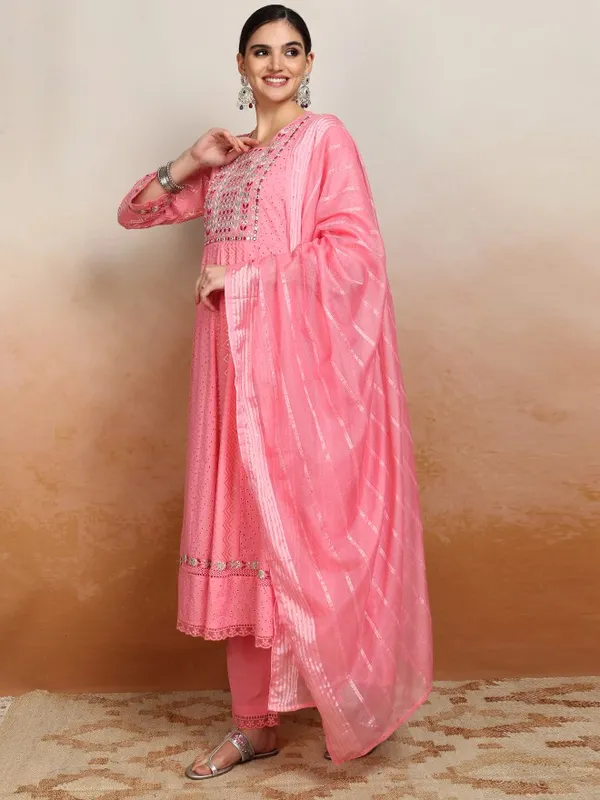 Vishudh Women Pink Embroidered Kurta With Trousers And Dupatta