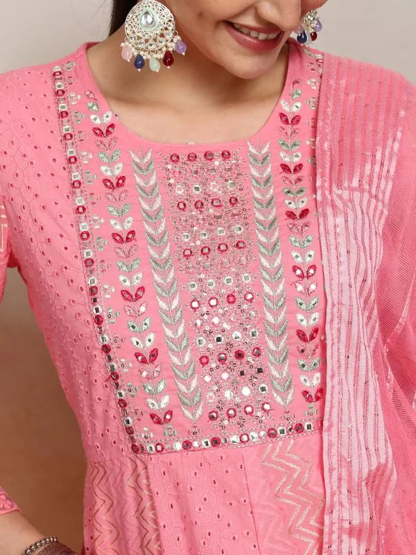 Vishudh Women Pink Embroidered Kurta With Trousers And Dupatta