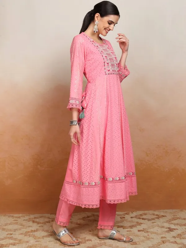 Vishudh Women Pink Embroidered Kurta With Trousers And Dupatta