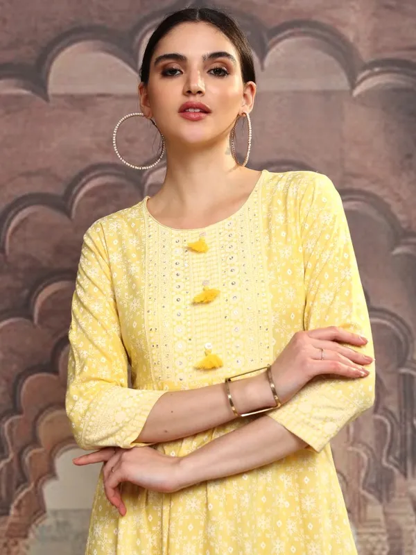 Vishudh Women Yellow Embroidered A-Line Dress