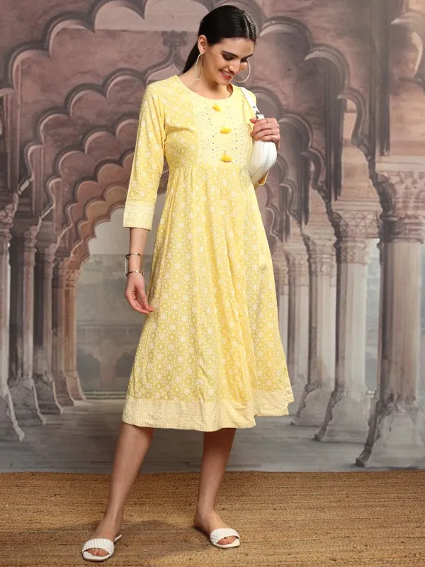 Vishudh Women Yellow Embroidered A-Line Dress