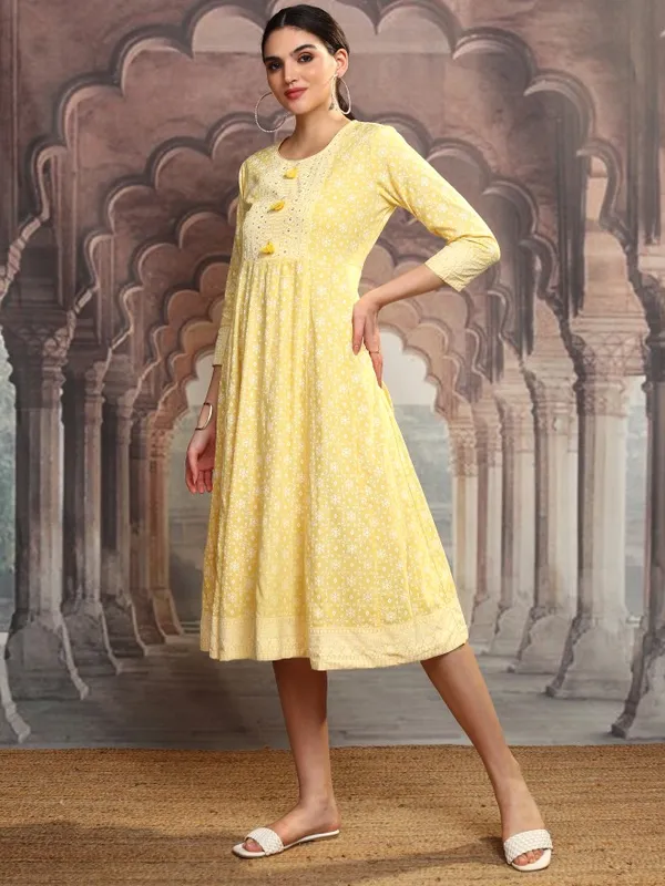 Vishudh Women Yellow Embroidered A-Line Dress