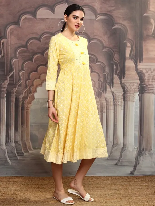 Vishudh Women Yellow Embroidered A-Line Dress