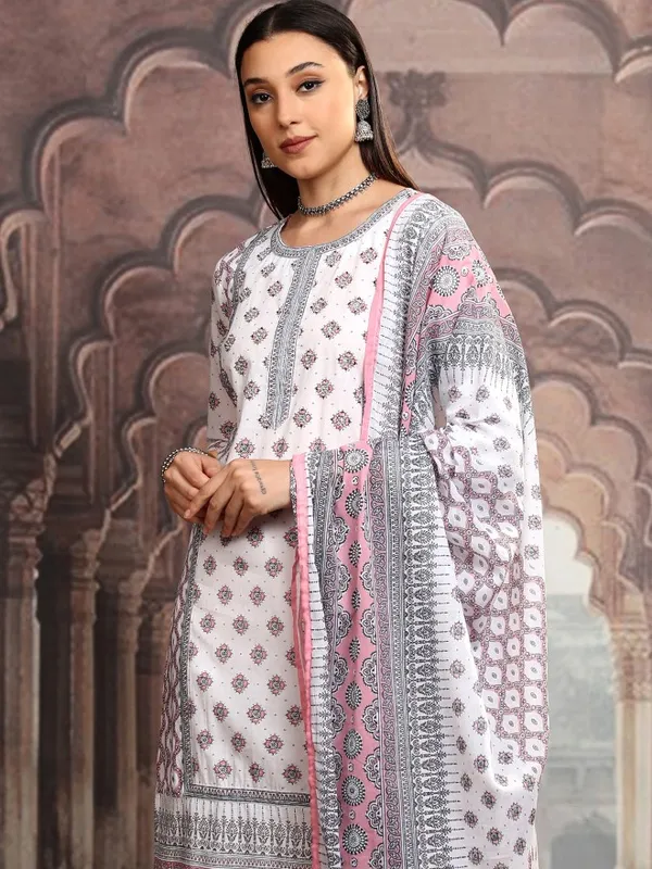 Vishudh Women White Printed Kurta With Trousers And Dupatta