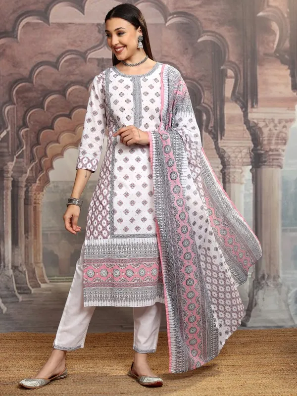 Vishudh Women White Printed Kurta With Trousers And Dupatta