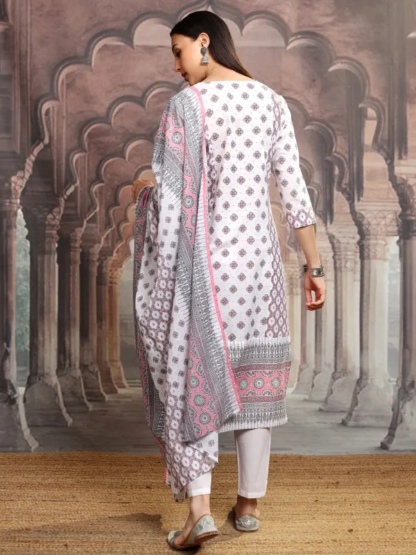 Vishudh Women White Printed Kurta With Trousers And Dupatta