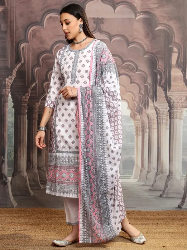 Vishudh Women White Printed Kurta With Trousers And Dupatta
