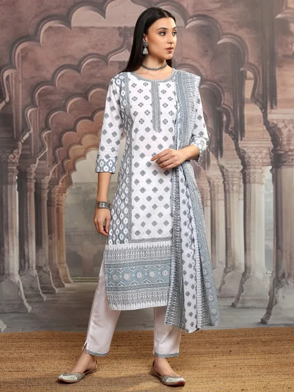 Vishudh Women White Printed Kurta With Trousers And Dupatta