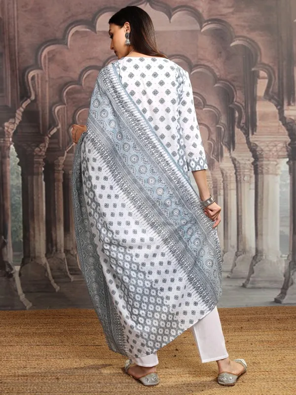Vishudh Women White Printed Kurta With Trousers And Dupatta