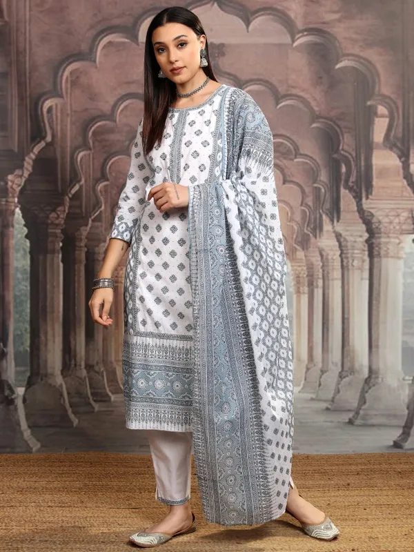 Vishudh Women White Printed Kurta With Trousers And Dupatta