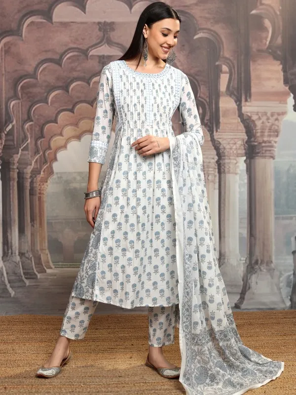 Vishudh Women Blue Printed Kurta With Trouser And Dupatta