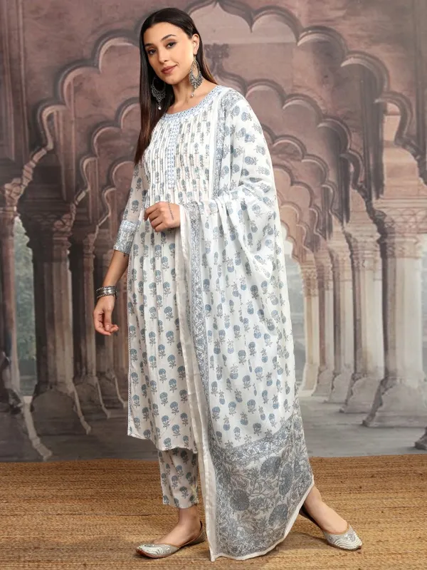 Vishudh Women Blue Printed Kurta With Trouser And Dupatta