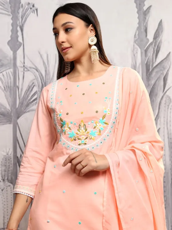 Vishudh Women Peach Embroidered Kurta With Trousers And Dupatta