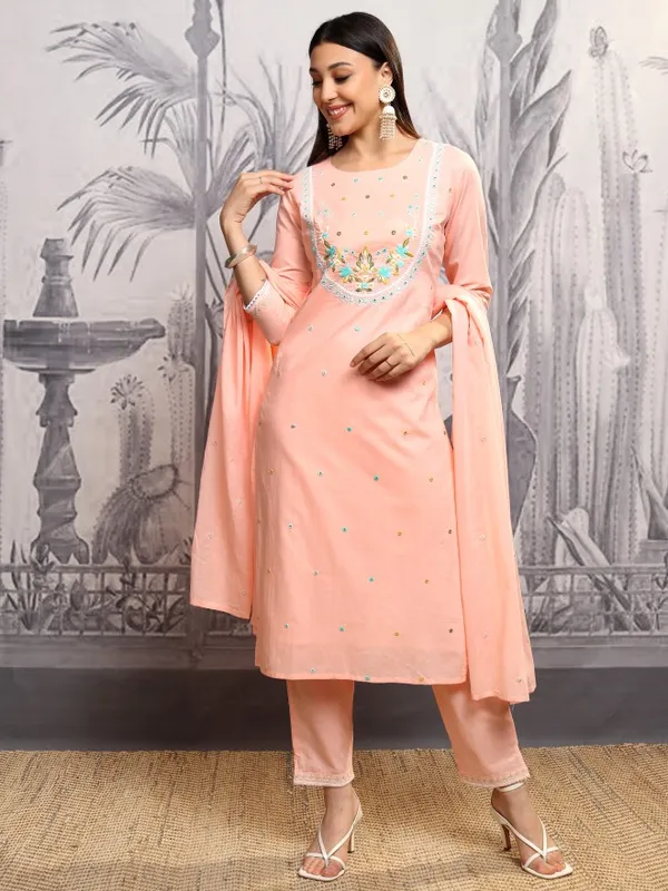 Vishudh Women Peach Embroidered Kurta With Trousers And Dupatta