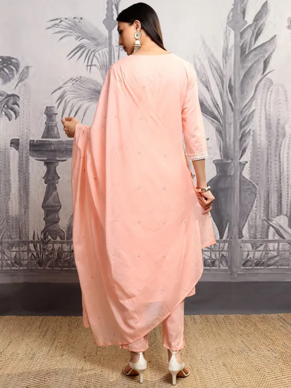 Vishudh Women Peach Embroidered Kurta With Trousers And Dupatta