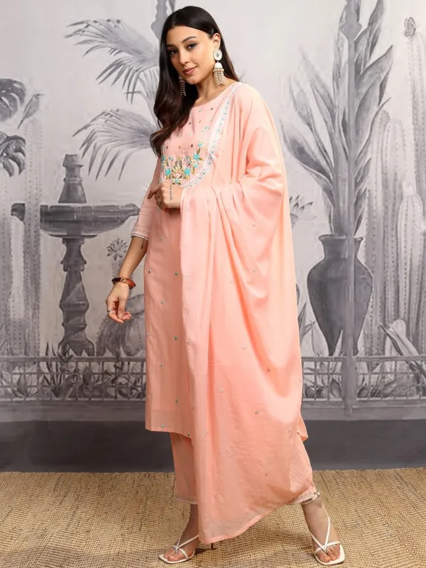 Vishudh Women Peach Embroidered Kurta With Trousers And Dupatta