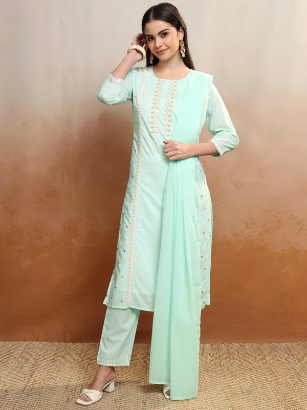 Vishudh Women Green Embroidered Kurta With Trousers And Dupatta