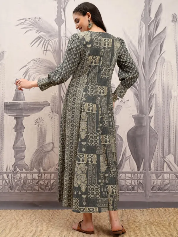 Vishudh Women Grey Printed A-Line Dress