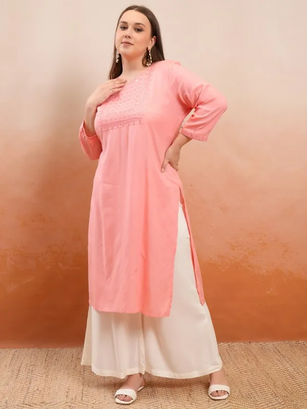 Vishudh Women Peach Embroidered Straight Kurta