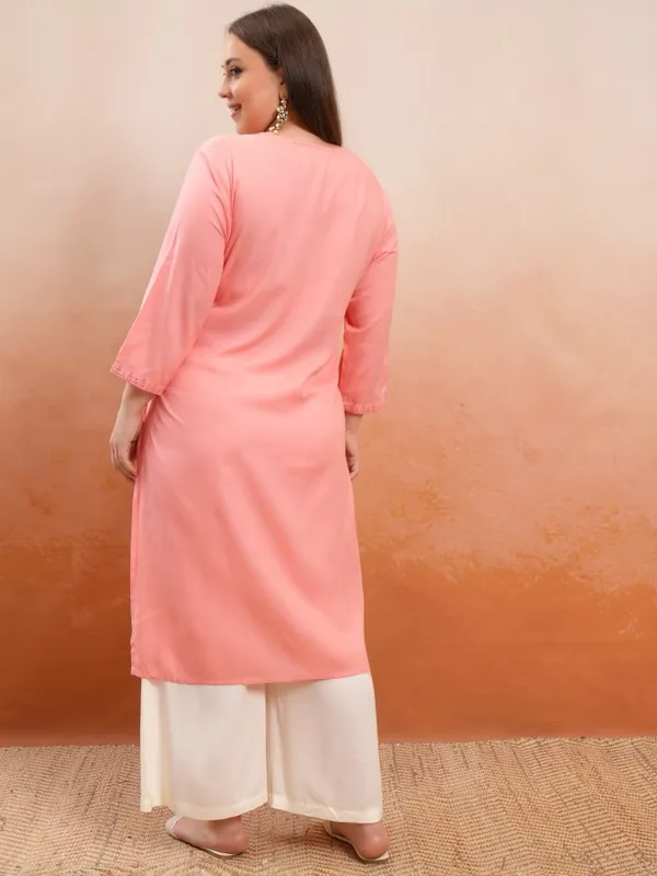 Vishudh Women Peach Embroidered Straight Kurta