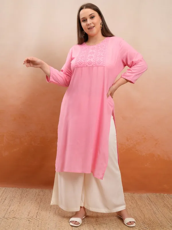 Vishudh Women Pink Embroidered Straight Kurta