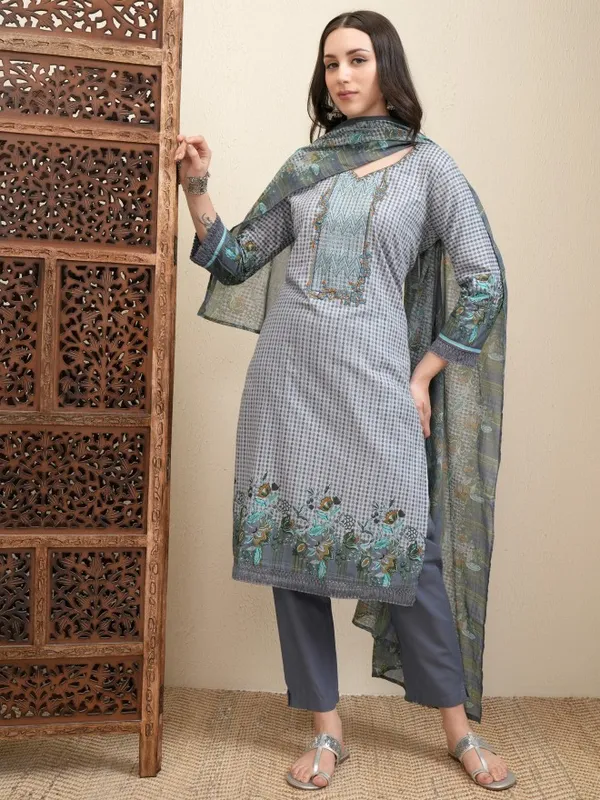 Vishudh Women Grey Printed Kurta With Trousers And Dupatta