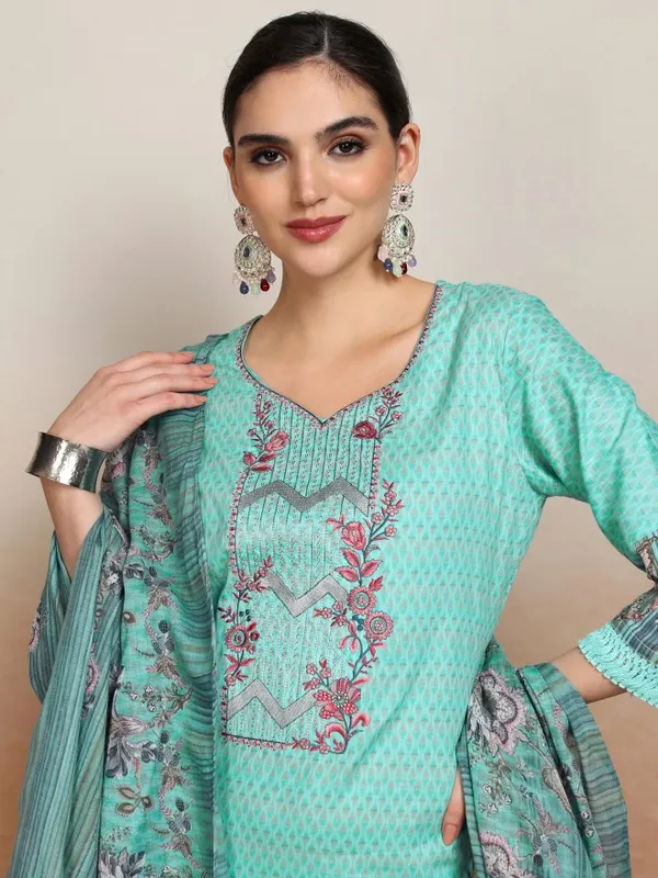 Vishudh Women Blue Embroidered Kurta With Trousers And Dupatta