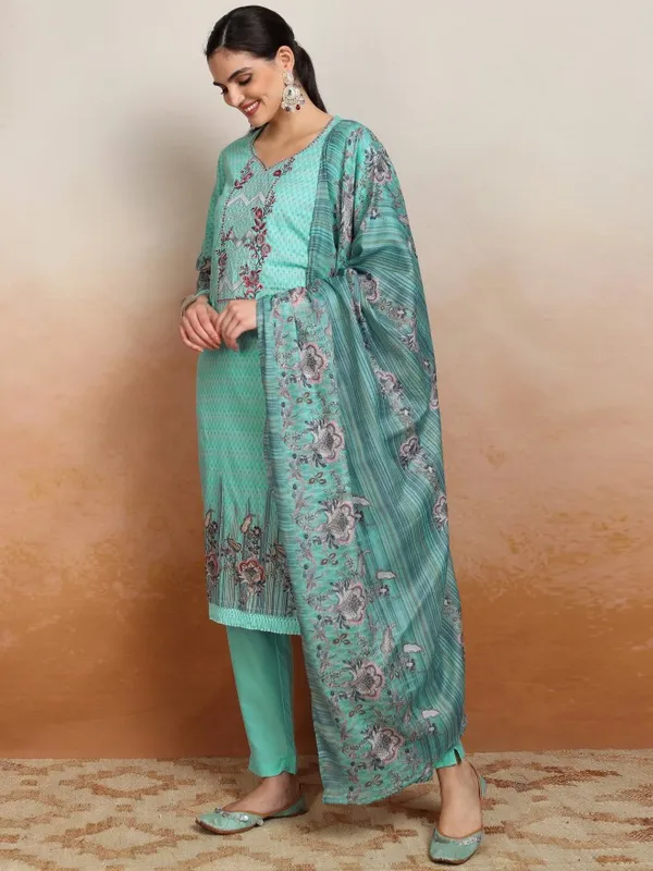 Vishudh Women Blue Embroidered Kurta With Trousers And Dupatta