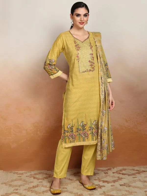 Vishudh Women Yellow Embroidered Kurta With Trousers And Dupatta