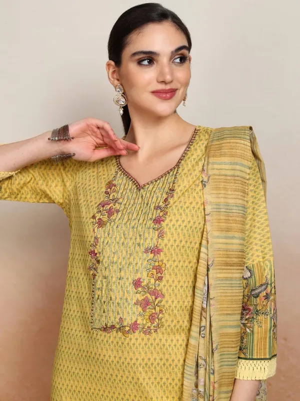 Vishudh Women Yellow Embroidered Kurta With Trousers And Dupatta