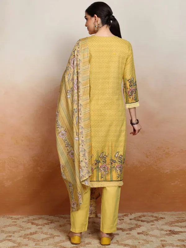 Vishudh Women Yellow Embroidered Kurta With Trousers And Dupatta